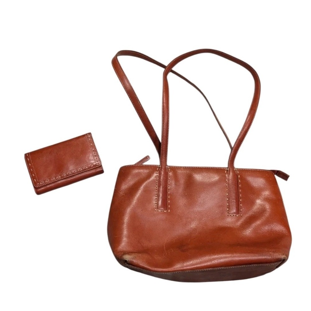 Vintage Fossil Cognac Brown Leather Shoulder Bag Tote & Matching Trifold Wallet